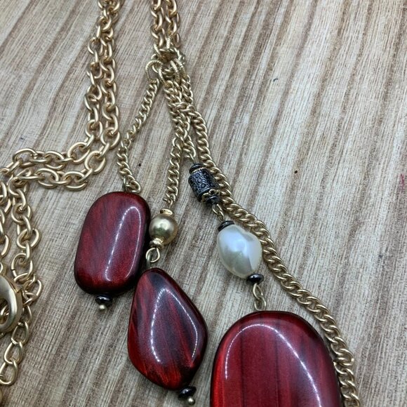 Chico's Red Beaded Gold Tone Y Chain Necklace - Picture 6 of 7